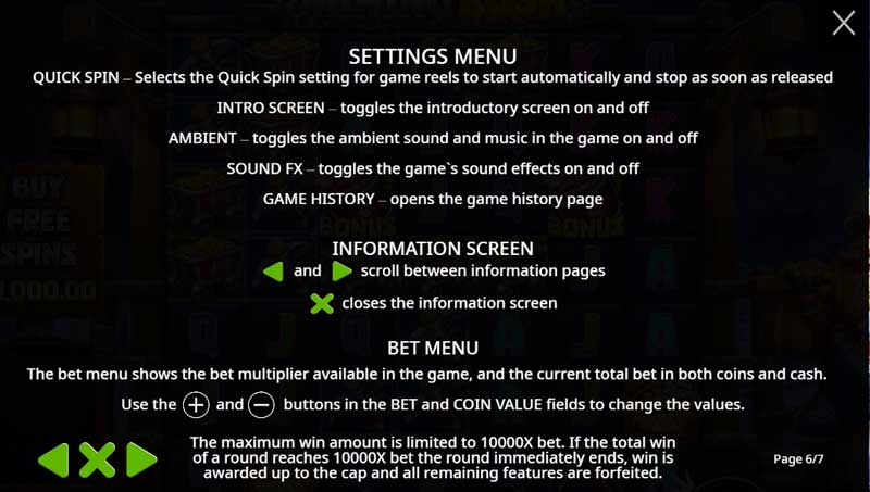 Mining Rush slot game settings menu